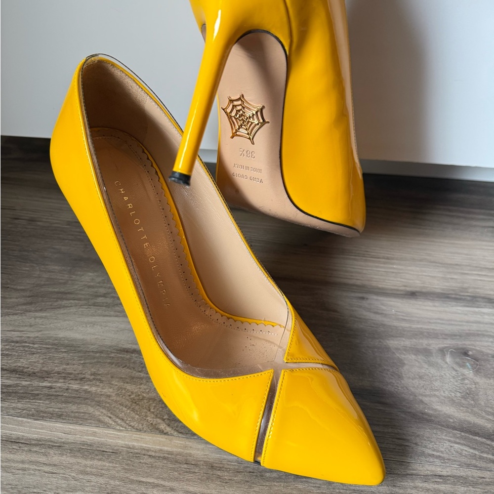 CHARLOTTE OLYMPIA Natalie Patent Leather Pumps, Yellow, 38.5 /8.5, MADE IN ITALY